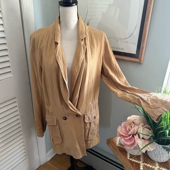 FREE PEOPLE Womens Jacket Small Tan Charly Blazer Oversized Linen Blend Relaxed - Picture 1 of 14